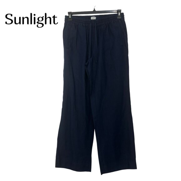 Crown & Ivy Women Pull On 100% Linen Navy Blue Wide-Leg Pants Size M Woven Knit - Picture 1 of 15